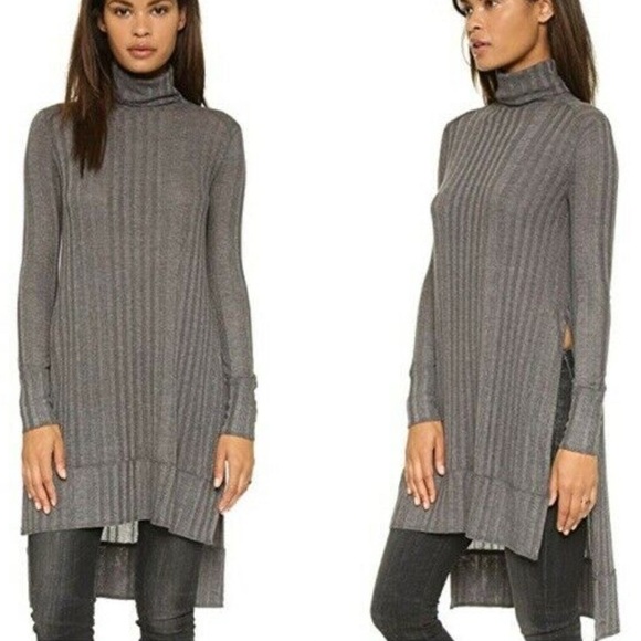 Free People Tops - Free People Gray Espresso Ribbed Turtleneck Hi-Low Sweater Tunic Top